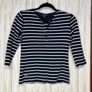 LRL Lauren Jeans Co Navy Blue & White Striped Knit 3/4 Sleeve Top Size S